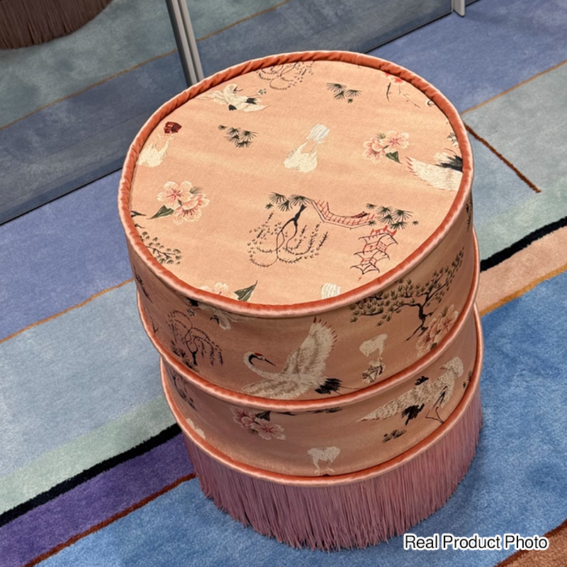 Traditional Chinese Cylindrical Printed Velvet PU Leather Solid Wood Vanity Stool Backless Armless For Bedroom