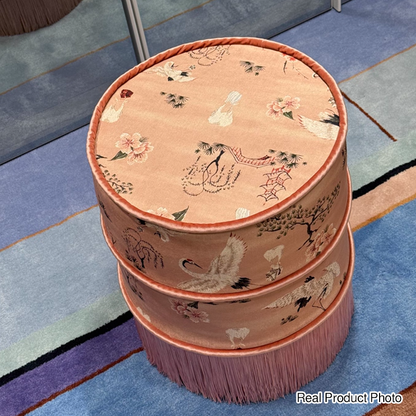 Traditional Chinese Cylindrical Printed Velvet PU Leather Solid Wood Vanity Stool Backless Armless For Bedroom