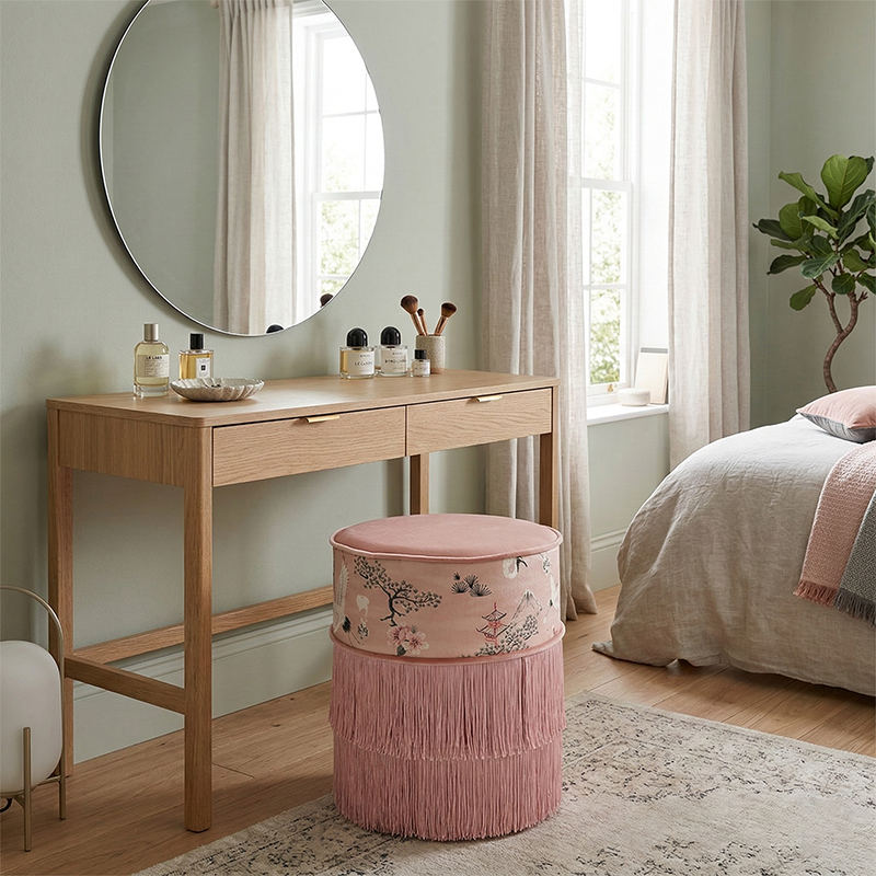 Traditional Chinese Cylindrical Printed Velvet PU Leather Solid Wood Vanity Stool Backless Armless For Bedroom