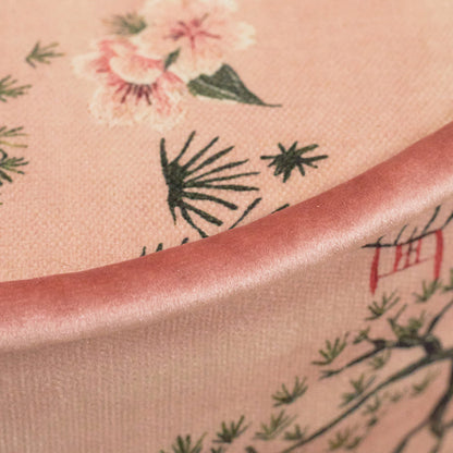 Traditional Chinese Cylindrical Printed Velvet PU Leather Solid Wood Vanity Stool Backless Armless For Bedroom