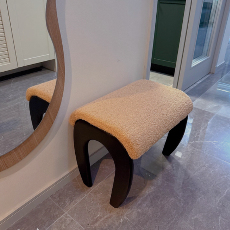 Traditional French Solid Wood Sherpa Fabric Rectangular Vanity Stool Backless Armless For Bedroom