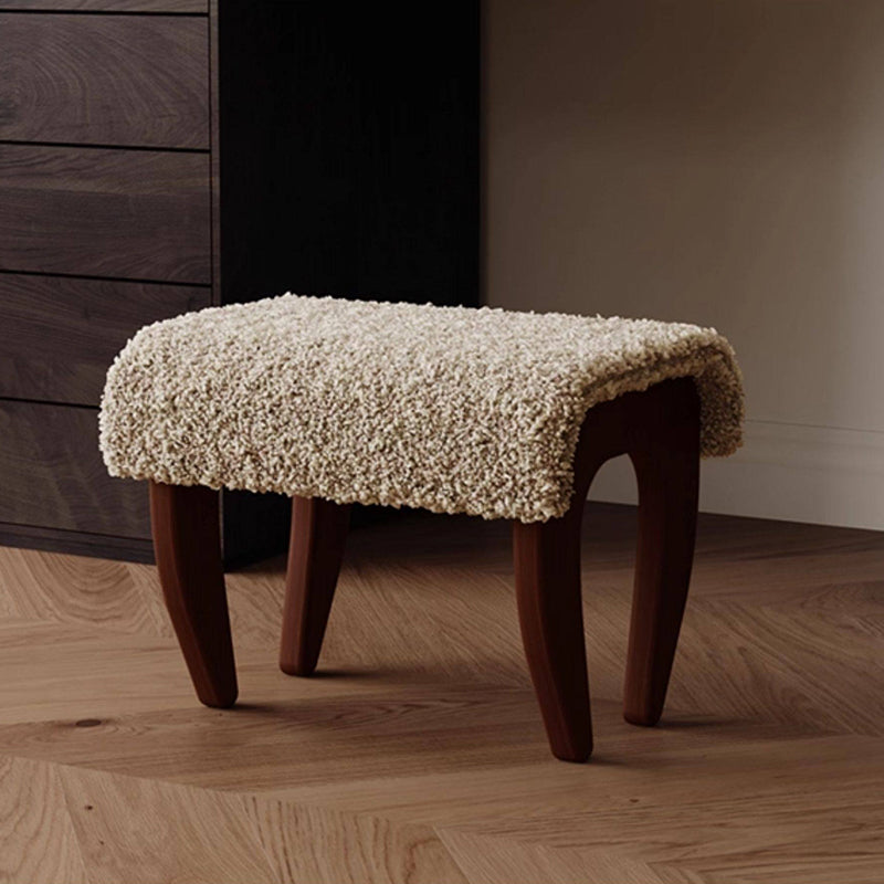 Traditional French Solid Wood Sherpa Fabric Rectangular Vanity Stool Backless Armless For Bedroom