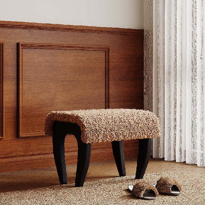 Traditional French Solid Wood Sherpa Fabric Rectangular Vanity Stool Backless Armless For Bedroom