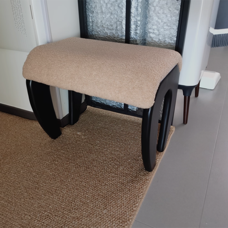 Traditional French Solid Wood Sherpa Fabric Rectangular Vanity Stool Backless Armless For Bedroom