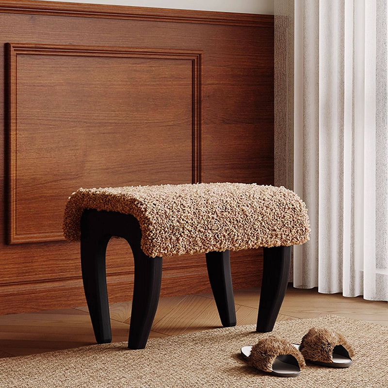 Traditional French Solid Wood Sherpa Fabric Rectangular Vanity Stool Backless Armless For Bedroom