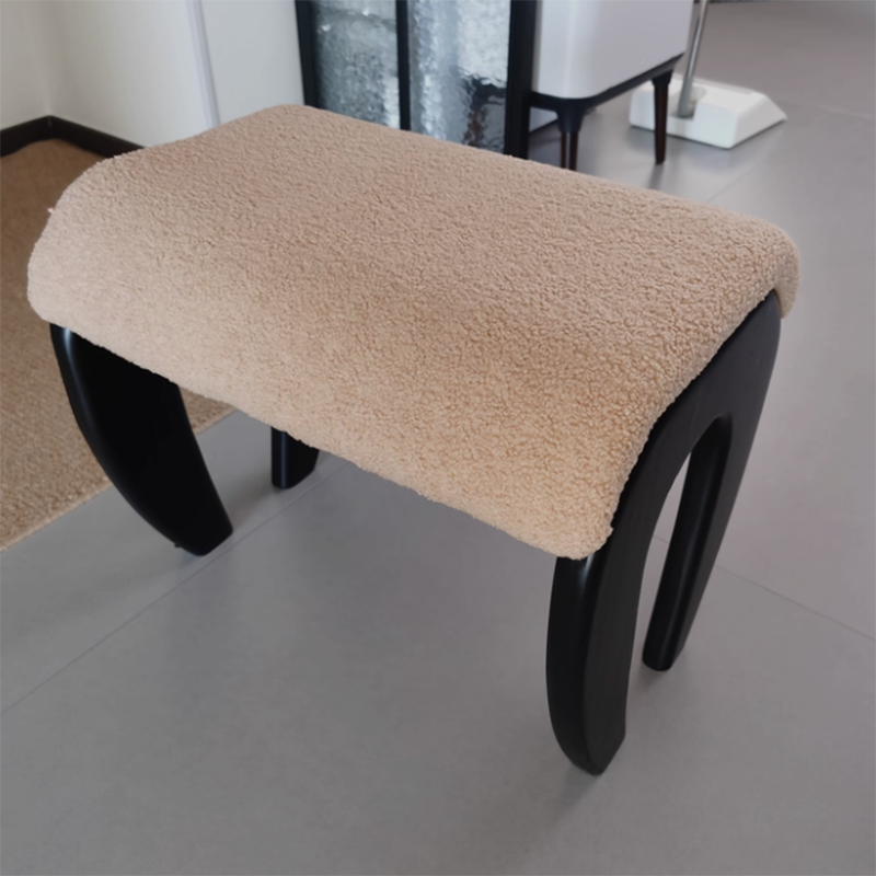 Traditional French Solid Wood Sherpa Fabric Rectangular Vanity Stool Backless Armless For Bedroom