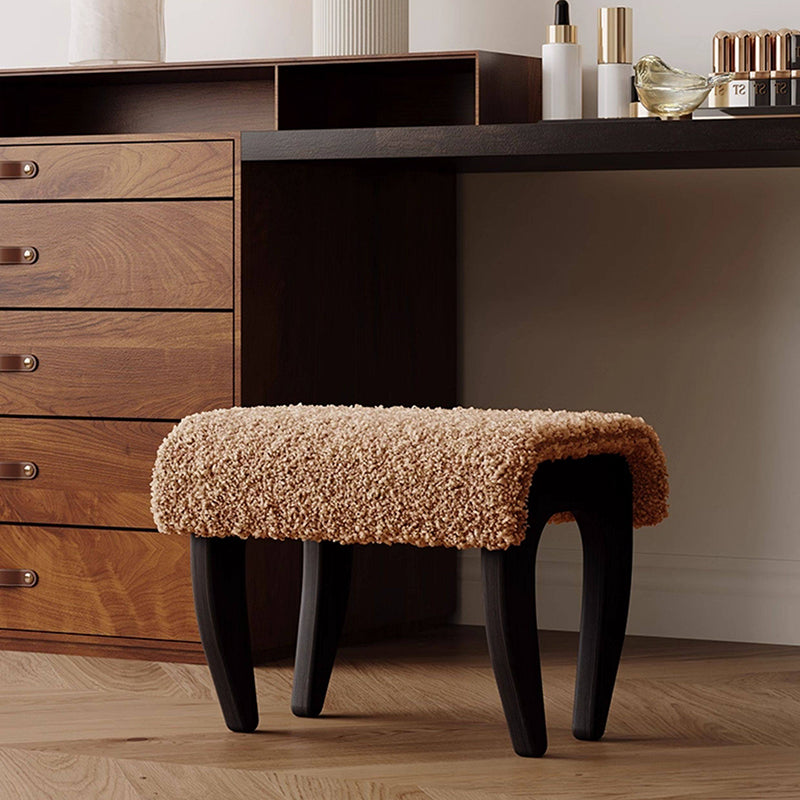 Traditional French Solid Wood Sherpa Fabric Rectangular Vanity Stool Backless Armless For Bedroom