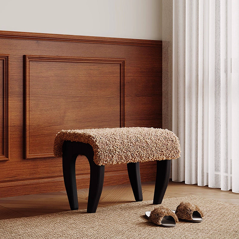 Traditional French Solid Wood Sherpa Fabric Rectangular Vanity Stool Backless Armless For Bedroom