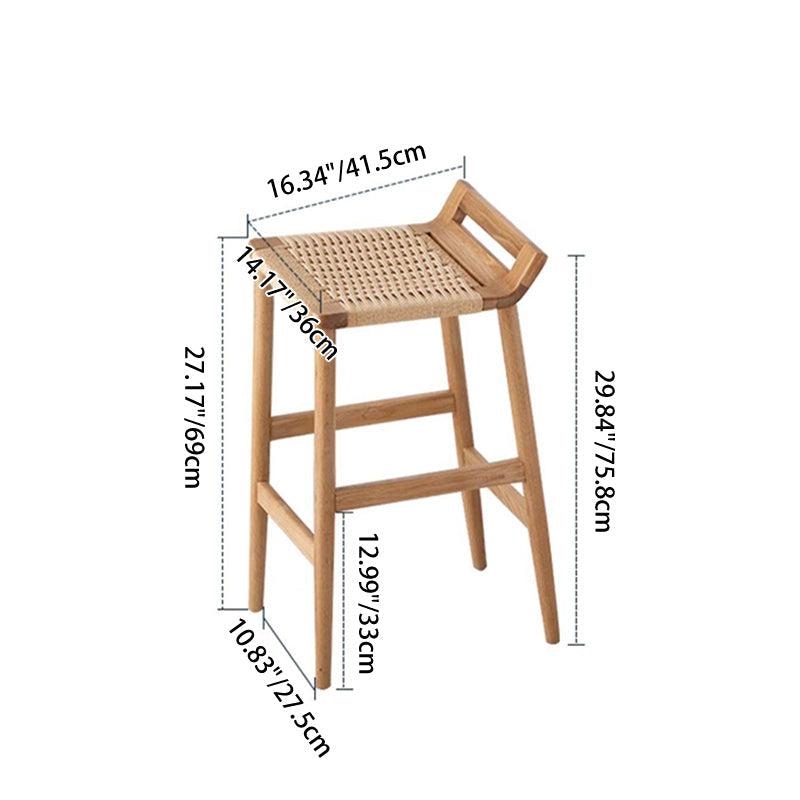 Traditional Japanese Red Oak Wood Hemp Rope Weaving Trapezoidal Bar Stool Backrest Armless For Dining Room