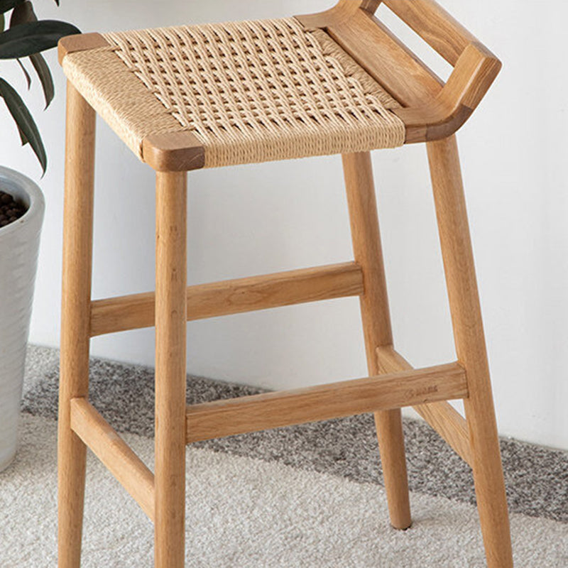 Traditional Japanese Red Oak Wood Hemp Rope Weaving Trapezoidal Bar Stool Backrest Armless For Dining Room