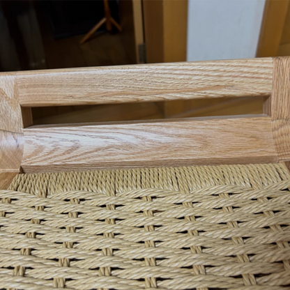 Traditional Japanese Red Oak Wood Hemp Rope Weaving Trapezoidal Bar Stool Backrest Armless For Dining Room