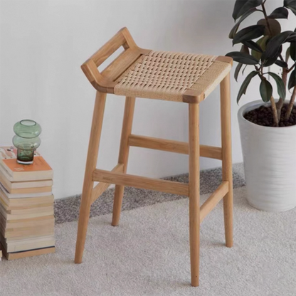 Traditional Japanese Red Oak Wood Hemp Rope Weaving Trapezoidal Bar Stool Backrest Armless For Dining Room