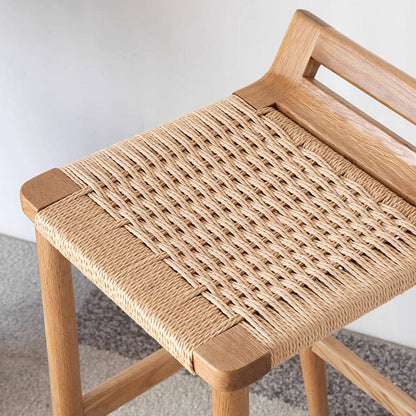 Traditional Japanese Red Oak Wood Hemp Rope Weaving Trapezoidal Bar Stool Backrest Armless For Dining Room
