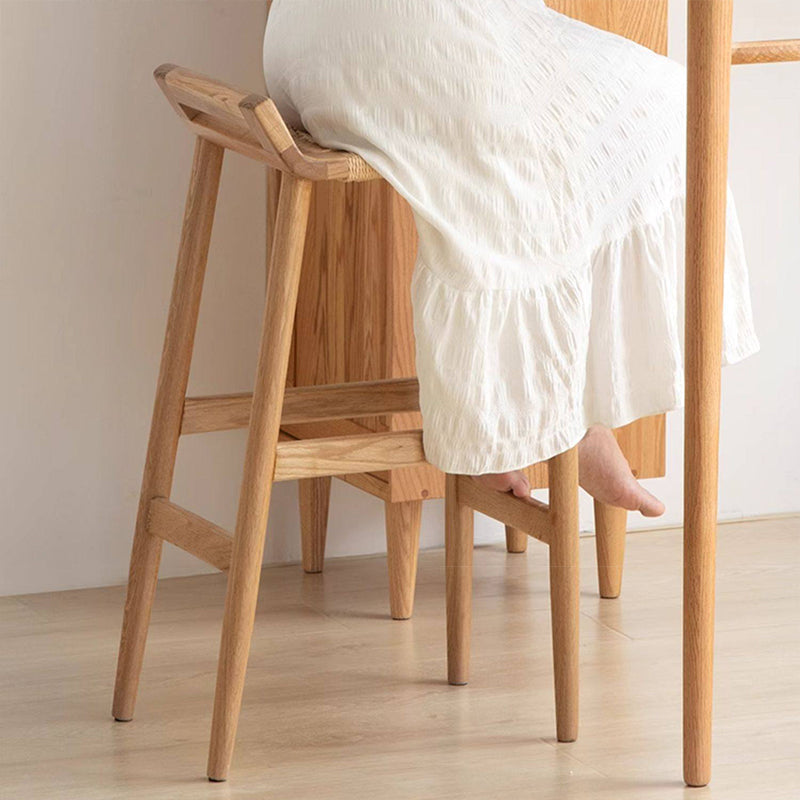 Traditional Japanese Red Oak Wood Hemp Rope Weaving Trapezoidal Bar Stool Backrest Armless For Dining Room