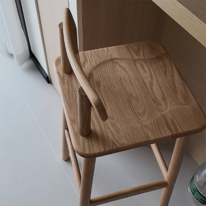 Traditional Japanese Oak Wood Trapezoidal Bar Stool Backrest Footrest For Living Room & Dining Room
