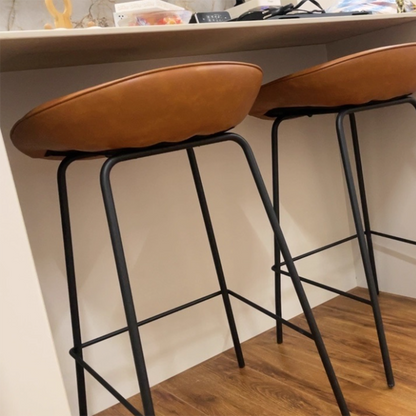 Contemporary Scandinavian Faux Saddle Leather Iron Sponge Curved Trapezoidal Lightweight Bar Stool Backless Armless For Dining Room