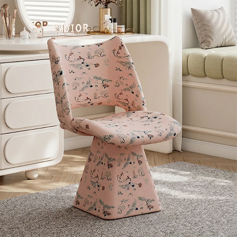 Traditional Chinese Fabric Sponge Solid Plywood Arc Trapezoidal Rotatable Vanity Stool Backrest Armless For Bedroom