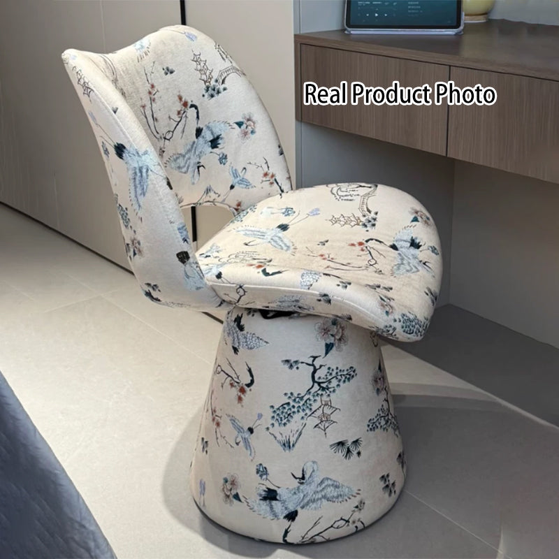 Traditional Chinese Fabric Sponge Solid Plywood Arc Trapezoidal Rotatable Vanity Stool Backrest Armless For Bedroom