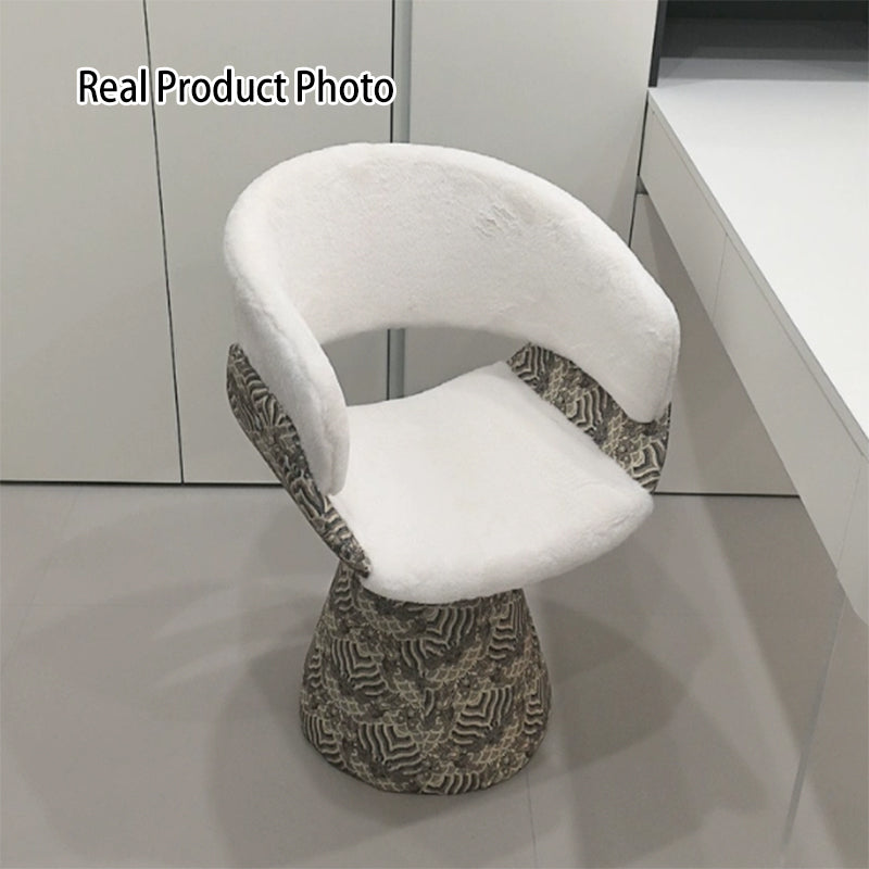 Contemporary Scandinavian Pine Wood Faux Rabbit Fur Faux Nappa & PU Leather Linen Chenille Arc Rotatable Vanity Stool Backrest Armrest For Bedroom