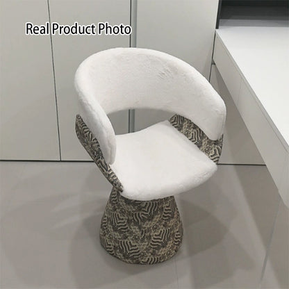 Contemporary Scandinavian Pine Wood Faux Rabbit Fur Faux Nappa & PU Leather Linen Chenille Arc Rotatable Vanity Stool Backrest Armrest For Bedroom