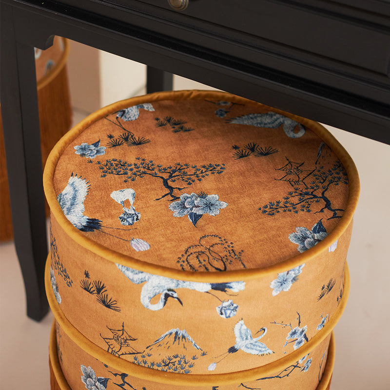 Traditional Chinese Chenille Pine Wood Cylindrical Removable & Washable Design Vanity Stool Backless Armless For Bedroom