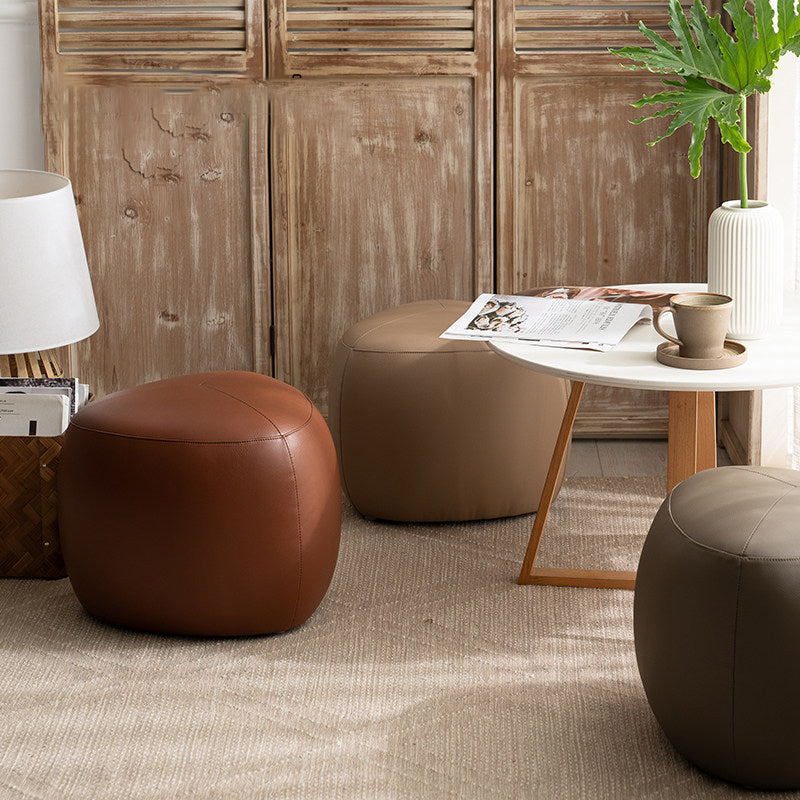 Contemporary Scandinavian Pine Wood Synthetic Leather Sponge Rounded Triangular Low Stool Backless Armless For Living Room