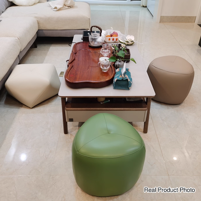 Contemporary Scandinavian Pine Wood Synthetic Leather Sponge Rounded Triangular Low Stool Backless Armless For Living Room