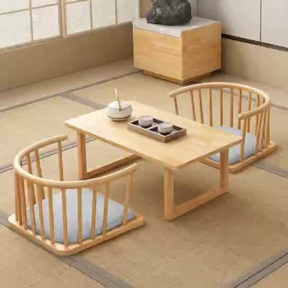 Traditional Japanese Cotton-Linen Solid Wood Curved Floor Chair With Backrest For Living Room
