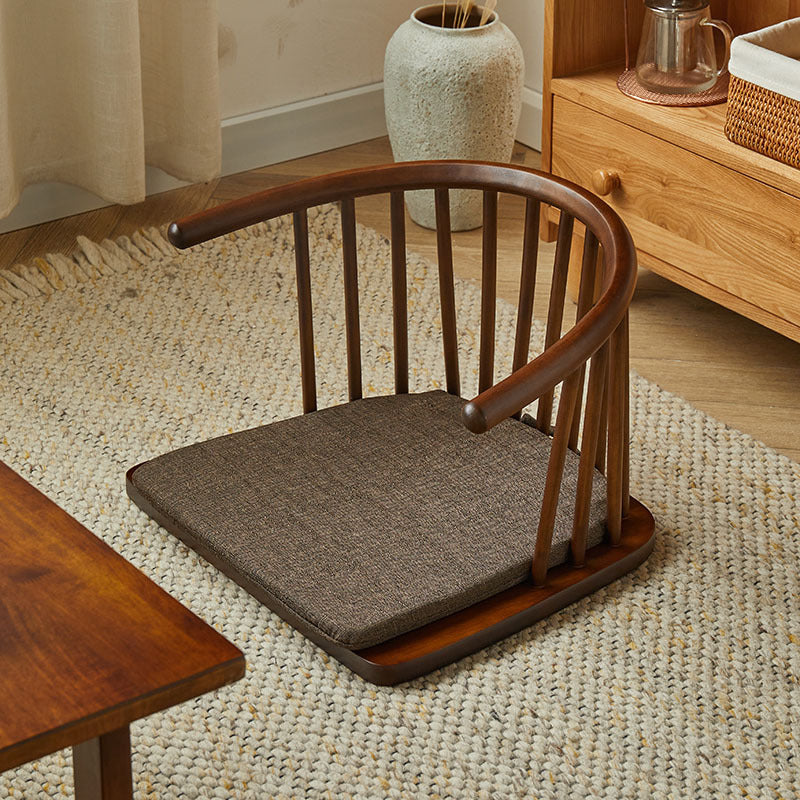 Traditional Japanese Cotton-Linen Solid Wood Curved Floor Chair With Backrest For Living Room