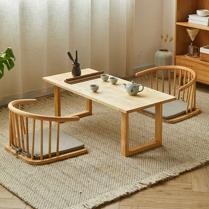 Traditional Japanese Cotton-Linen Solid Wood Curved Floor Chair With Backrest For Living Room
