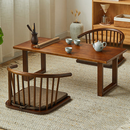 Traditional Japanese Cotton-Linen Solid Wood Curved Floor Chair With Backrest For Living Room