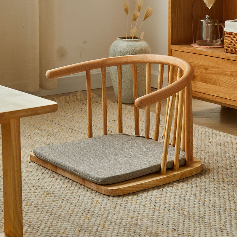 Traditional Japanese Cotton-Linen Solid Wood Curved Floor Chair With Backrest For Living Room