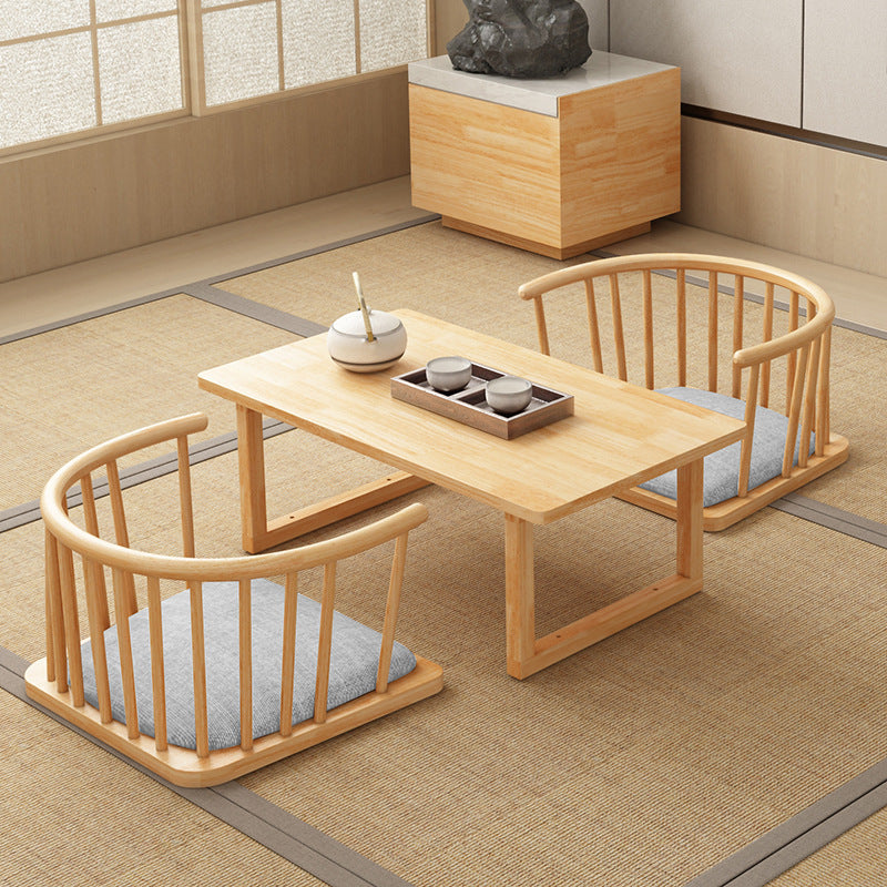 Traditional Japanese Cotton-Linen Solid Wood Curved Floor Chair With Backrest For Living Room