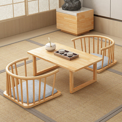 Traditional Japanese Cotton-Linen Solid Wood Curved Floor Chair With Backrest For Living Room