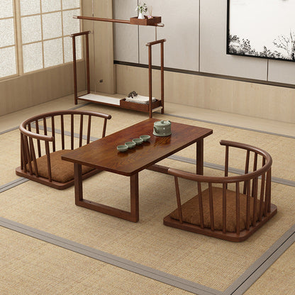 Traditional Japanese Cotton-Linen Solid Wood Curved Floor Chair With Backrest For Living Room