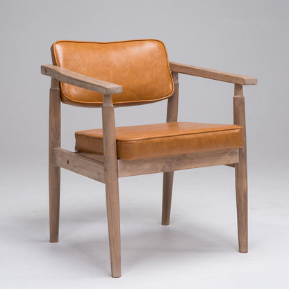 Traditional Vintage PU Leather Solid Wood Rectangular Dining Chair With Armrests Backrest For Dining Room