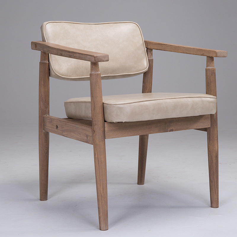 Traditional Vintage PU Leather Solid Wood Rectangular Dining Chair With Armrests Backrest For Dining Room