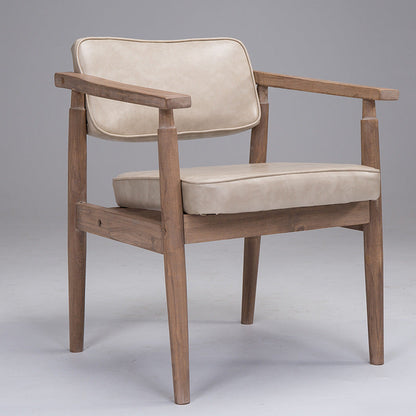 Traditional Vintage PU Leather Solid Wood Rectangular Dining Chair With Armrests Backrest For Dining Room