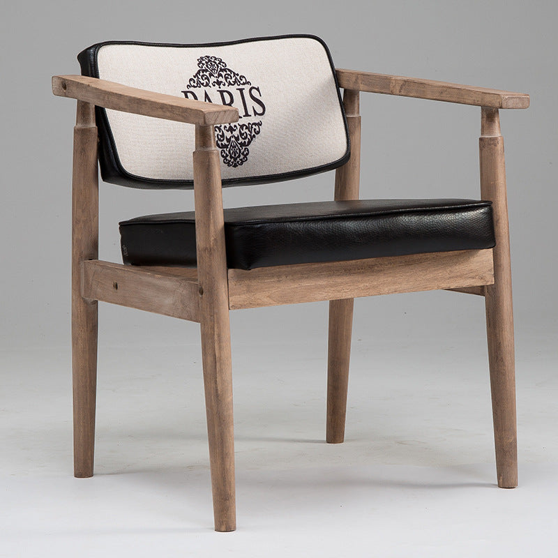 Traditional Vintage PU Leather Solid Wood Rectangular Dining Chair With Armrests Backrest For Dining Room