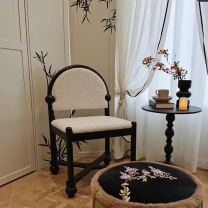 Traditional Vintage Sherpa Fabric Solid Wood & Plywood Half-Round Square Dining Chair With Backrest For Dining Room