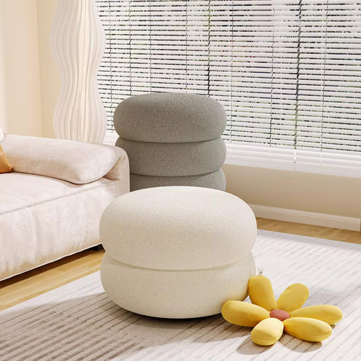 Modern Minimalist Sherpa Fabric Solid Wood Flat Round Low Stool For Living Room