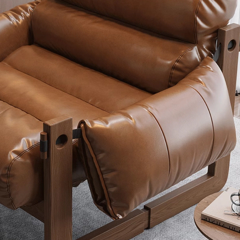 Traditional Chinese Faux Oil-Wax Leather Wood Curved Square Accent Chair With Backrest & Armrest For Living Room