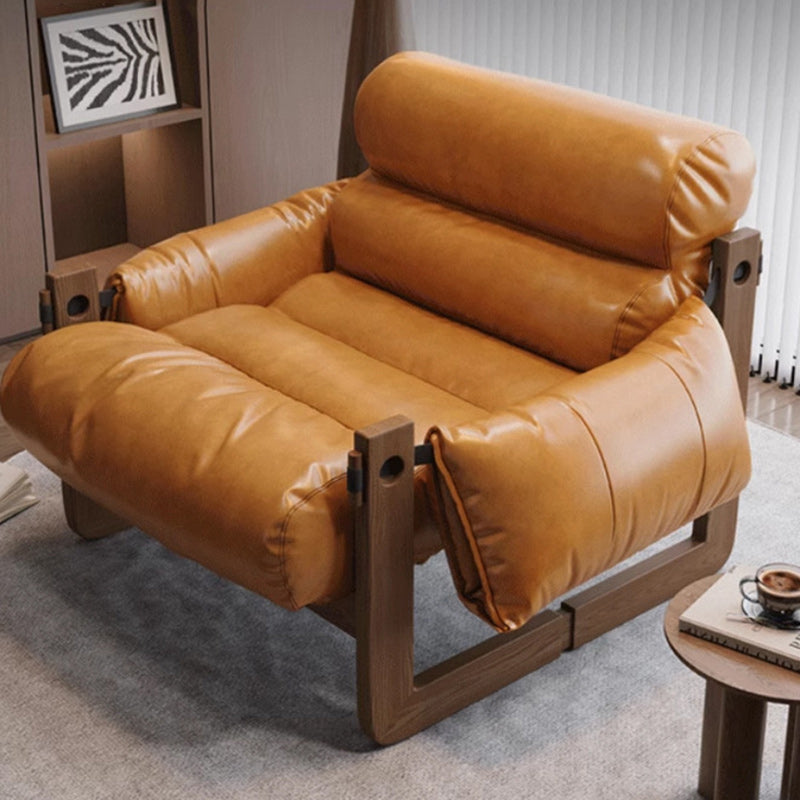 Traditional Chinese Faux Oil-Wax Leather Wood Curved Square Accent Chair With Backrest & Armrest For Living Room