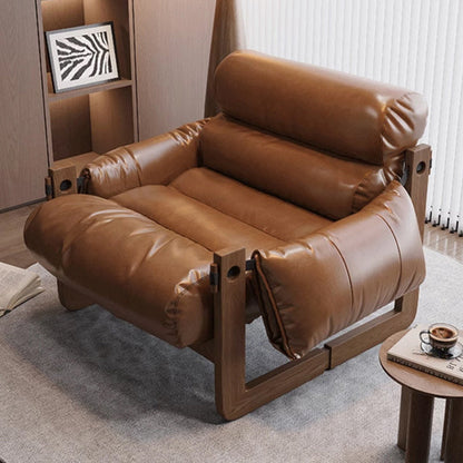Traditional Chinese Faux Oil-Wax Leather Wood Curved Square Accent Chair With Backrest & Armrest For Living Room