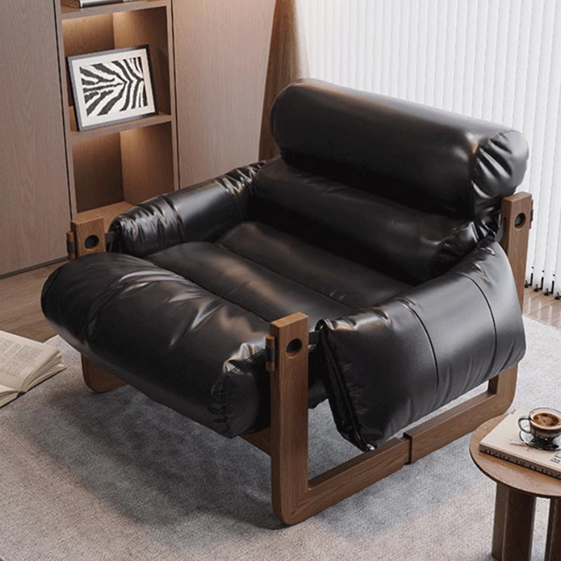 Traditional Chinese Faux Oil-Wax Leather Wood Curved Square Accent Chair With Backrest & Armrest For Living Room
