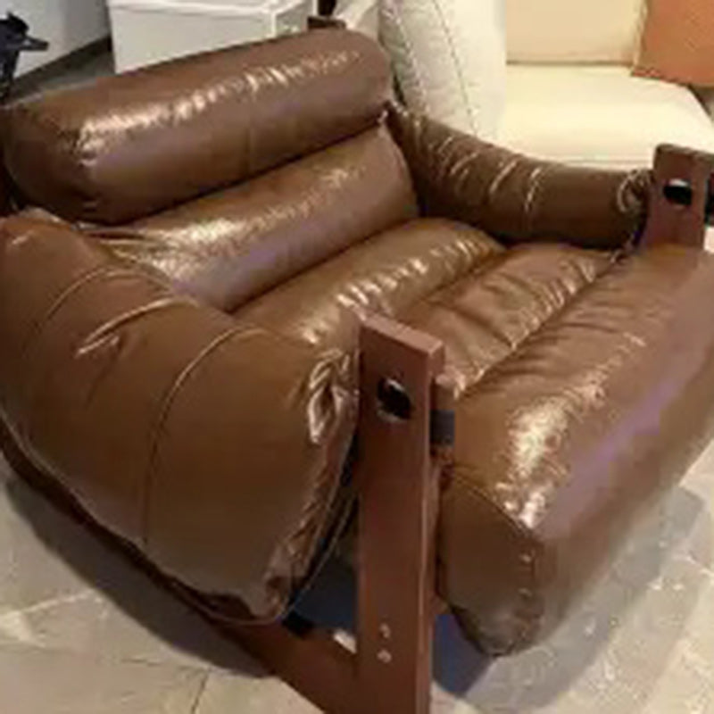 Traditional Chinese Faux Oil-Wax Leather Wood Curved Square Accent Chair With Backrest & Armrest For Living Room