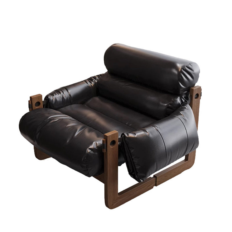Traditional Chinese Faux Oil-Wax Leather Wood Curved Square Accent Chair With Backrest & Armrest For Living Room