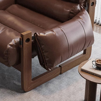 Traditional Chinese Faux Oil-Wax Leather Wood Curved Square Accent Chair With Backrest & Armrest For Living Room