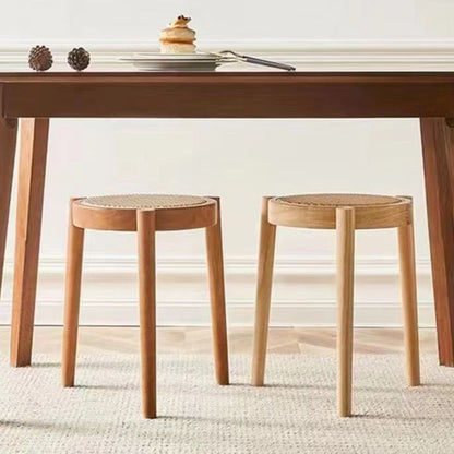 Contemporary Scandinavian Rattan Rubber Wood Round Low Stool For Living Room