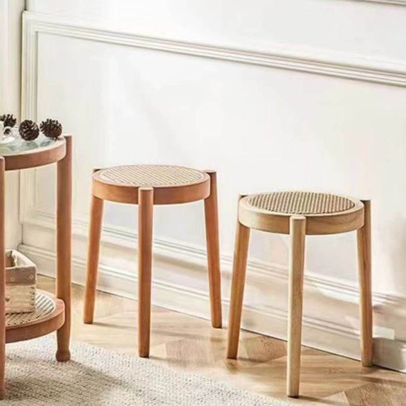 Contemporary Scandinavian Rattan Rubber Wood Round Low Stool For Living Room